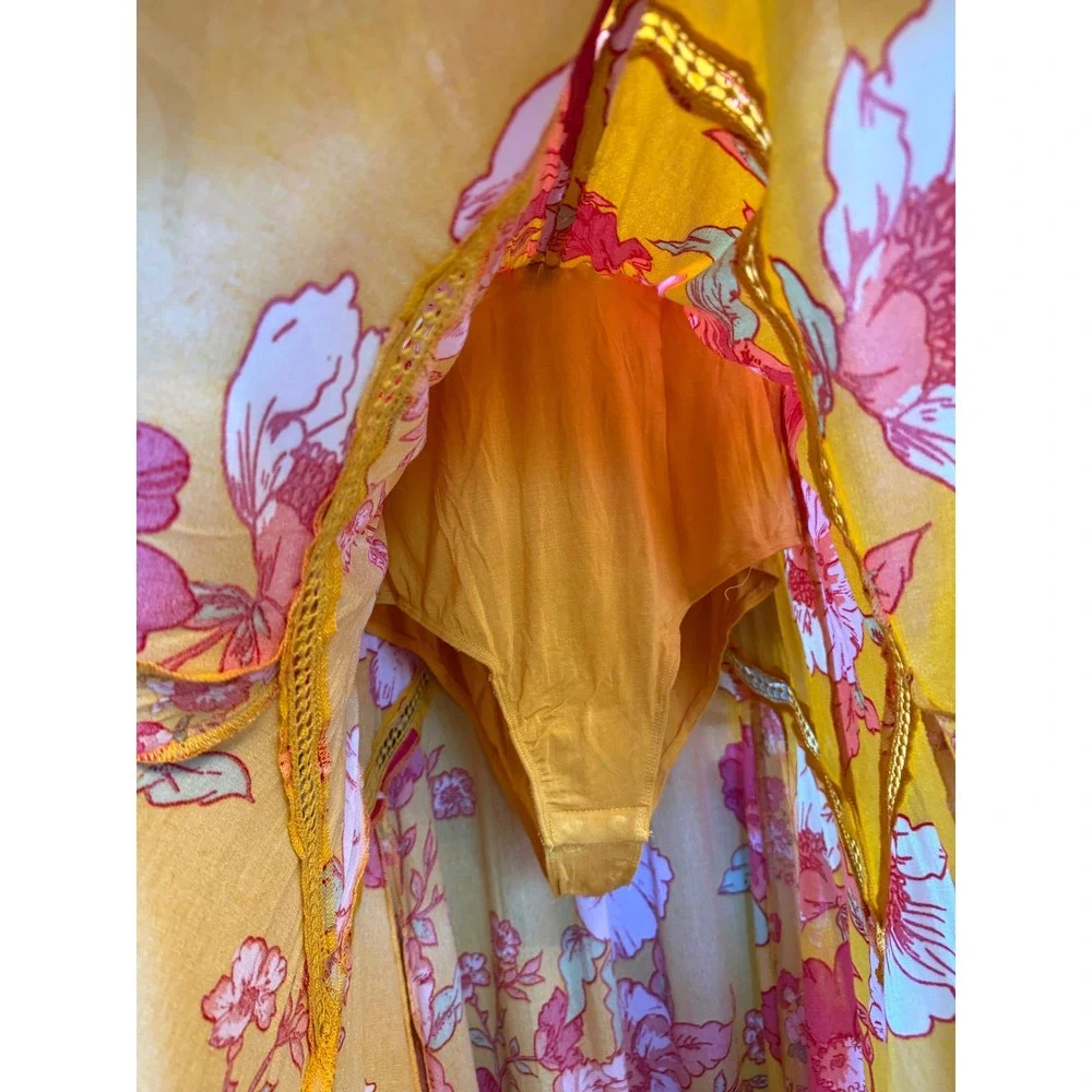 Free People Intimately Penny Printed Maxi Bodysuit Gold Floral Boho Dress M
